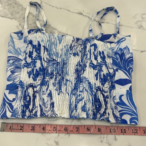 Angela Romano Front Tie Crop Floral Spaghetti Strap Linen Top. Size S (455B) - Picture 11 of 12